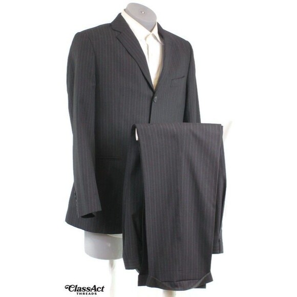 J. Ferrar Black Mens Modern Fit 2 Piece Suit 3 Btn Black Striped 40R 34" Waist - Picture 1 of 10
